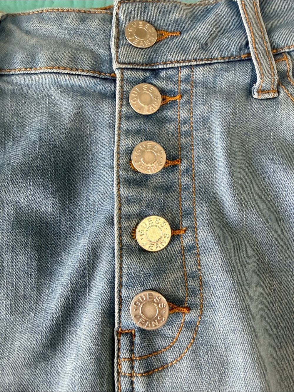 {GUESS} Light Blue Wash Distressed Denim Mini Skirt - Front High Waisted Buttons - Picture 7 of 14